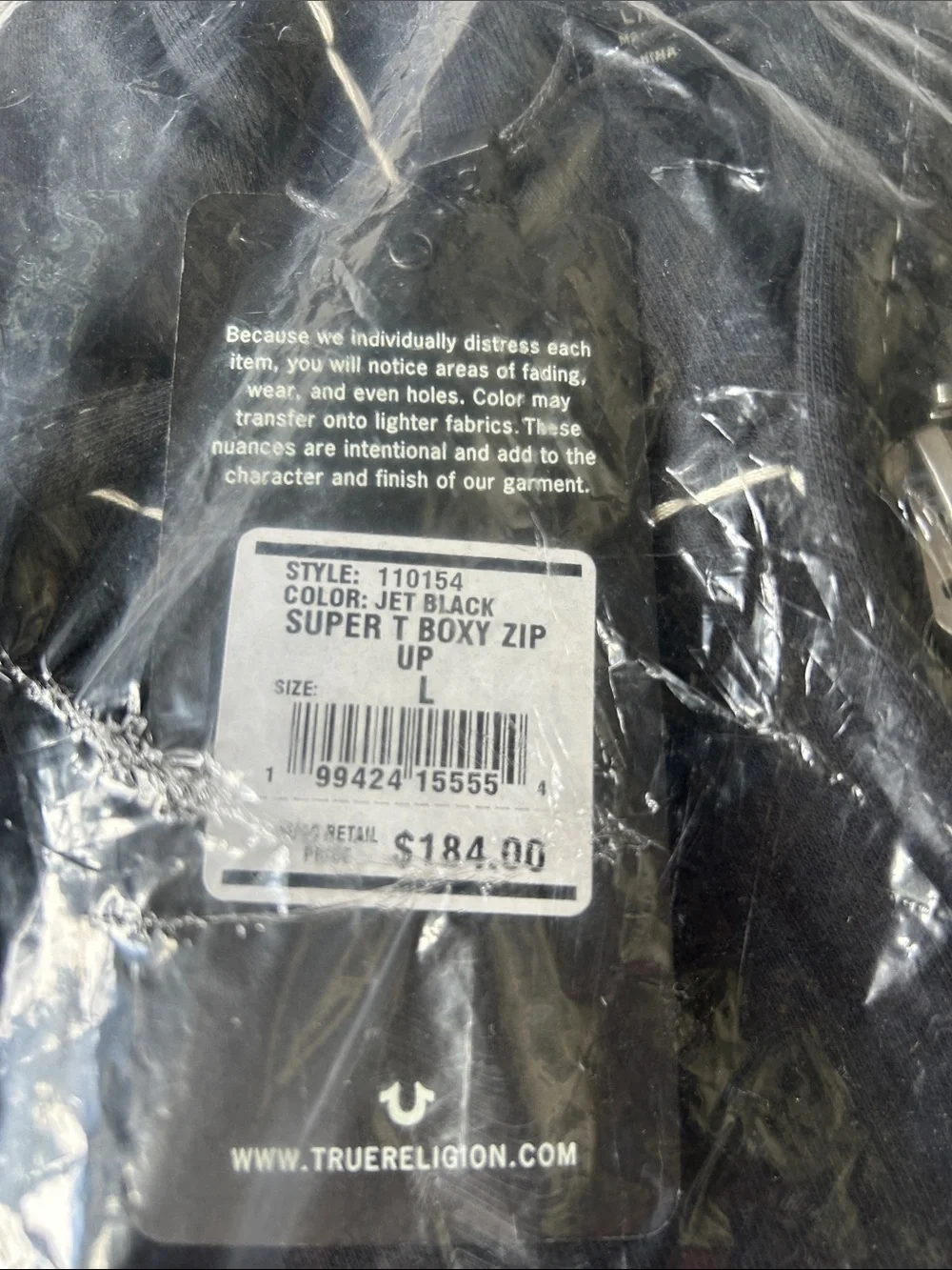 True Religion Super T Boxy Zip Hoodie Black L